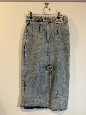 Vintage 80s 90s No Excuses Acid Wash Denim Maxi Skirt Distressed Paint Splatter